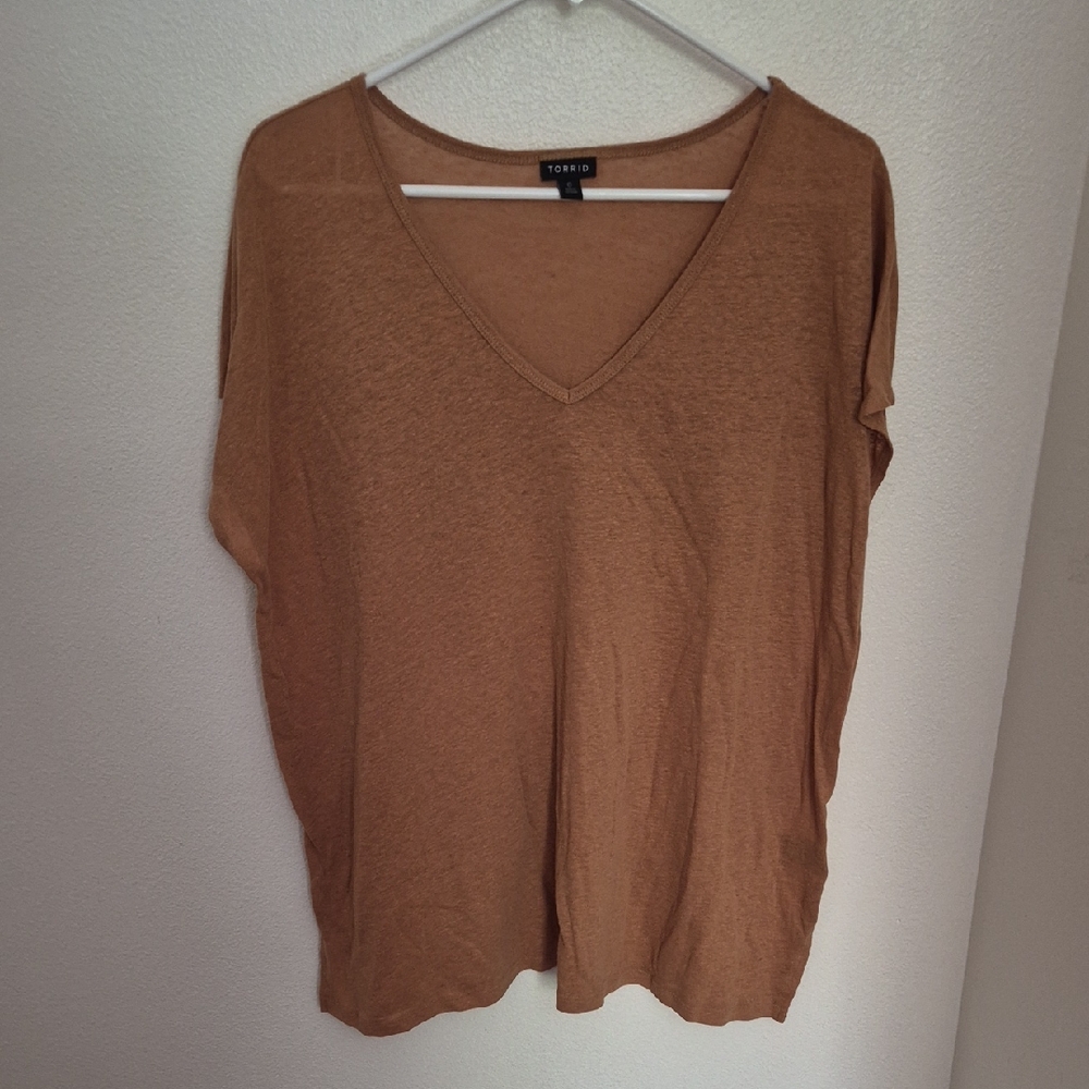 torrid V-Neck Short Sleeve Top in Camel Brown